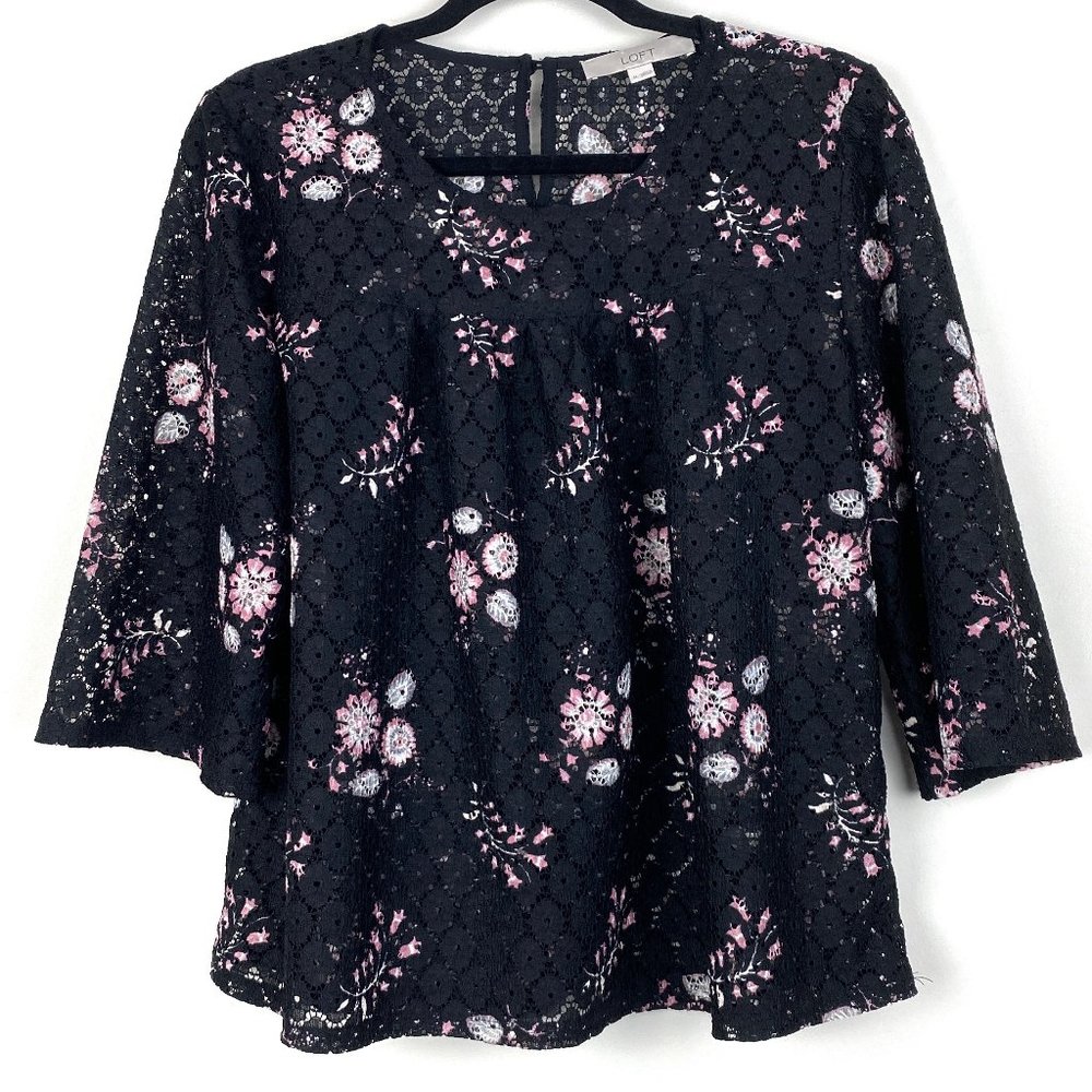 LOFT Black Stamped Floral Lace 3/4 Sleeve Top M